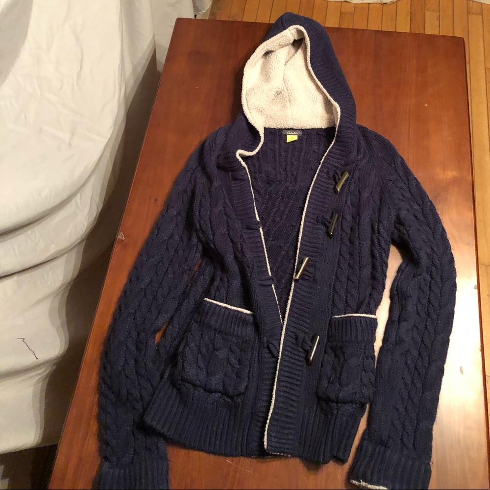 Navy Long Thick Knit Hooded Sherpa Lined Sweater